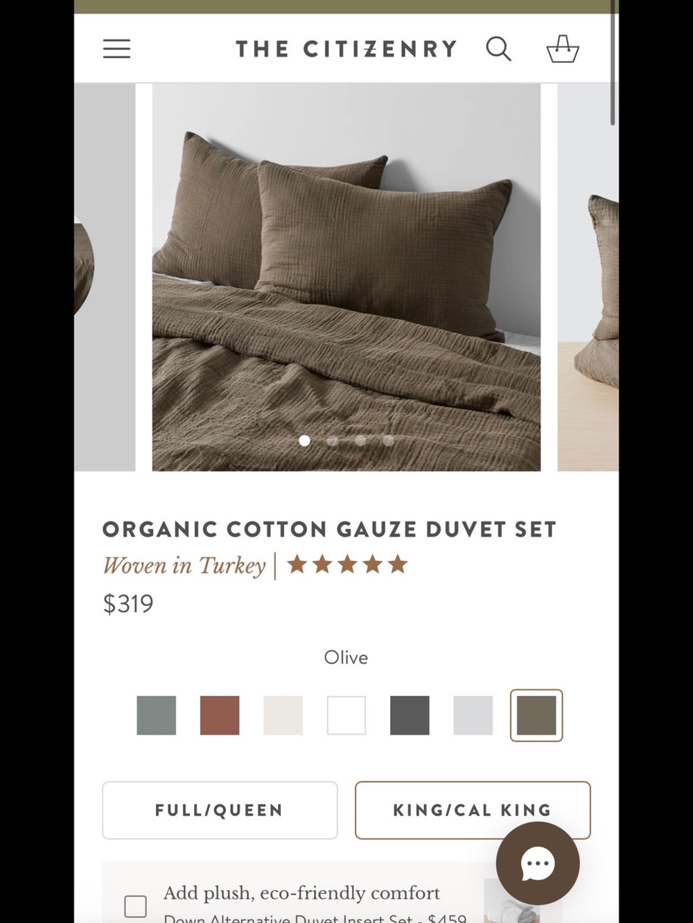 The Citizenry Olive Organic Cotton Gauze Duvet Set, King/Cal, Loomed in Turkey